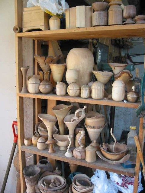 A few examples of Ken Grunke's woodturnings, a shelf of semi-finished items in the woodshop.
Visit Ken's home page to see more.